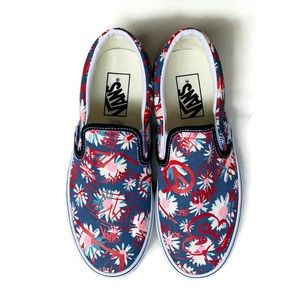 Vans Mens 5.0 Womens 6.5 Classic Slip On Vans Crew Floral Red Canvas Sho…
